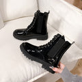 Women's mid-calf chunky heel round toe chelsea boots - 2025 autumn new korean style patent leather women's shoes - comfortable martin boots