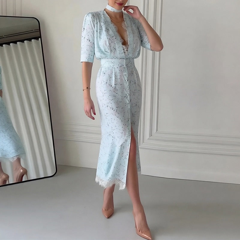summer new arrivals: cross-border fashionable european and american women's clothing - elegant v-neck printed lace patchwork dress