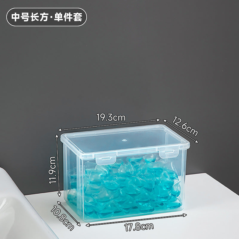 Long plastic washing powder storage box with lid, flip cover storage box, transparent mirror cabinet storage, rectangular storage box.