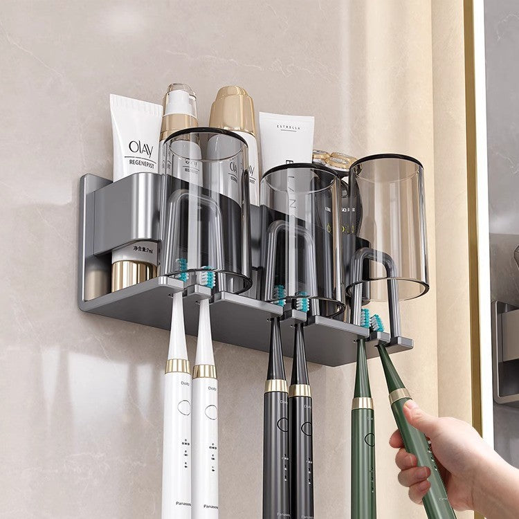 White toothbrush rack, punch-free bathroom toothbrush and mouthwash cup hanging rack, wall-mounted electric toothbrush rack cup