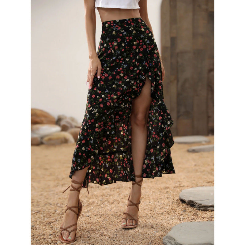 Women's floral high-waisted midi skirt with asymmetrical ruffle hem and slit – perfect for spring/summer vacation and casual wear