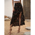 Women's floral high-waisted midi skirt with asymmetrical ruffle hem and slit – perfect for spring/summer vacation and casual wear