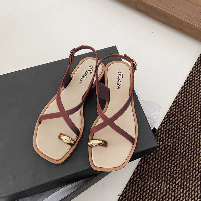Children's cross-border toe sandals women's summer outwear popularinsflats roman sandals one-piece clip-toe women's shoes