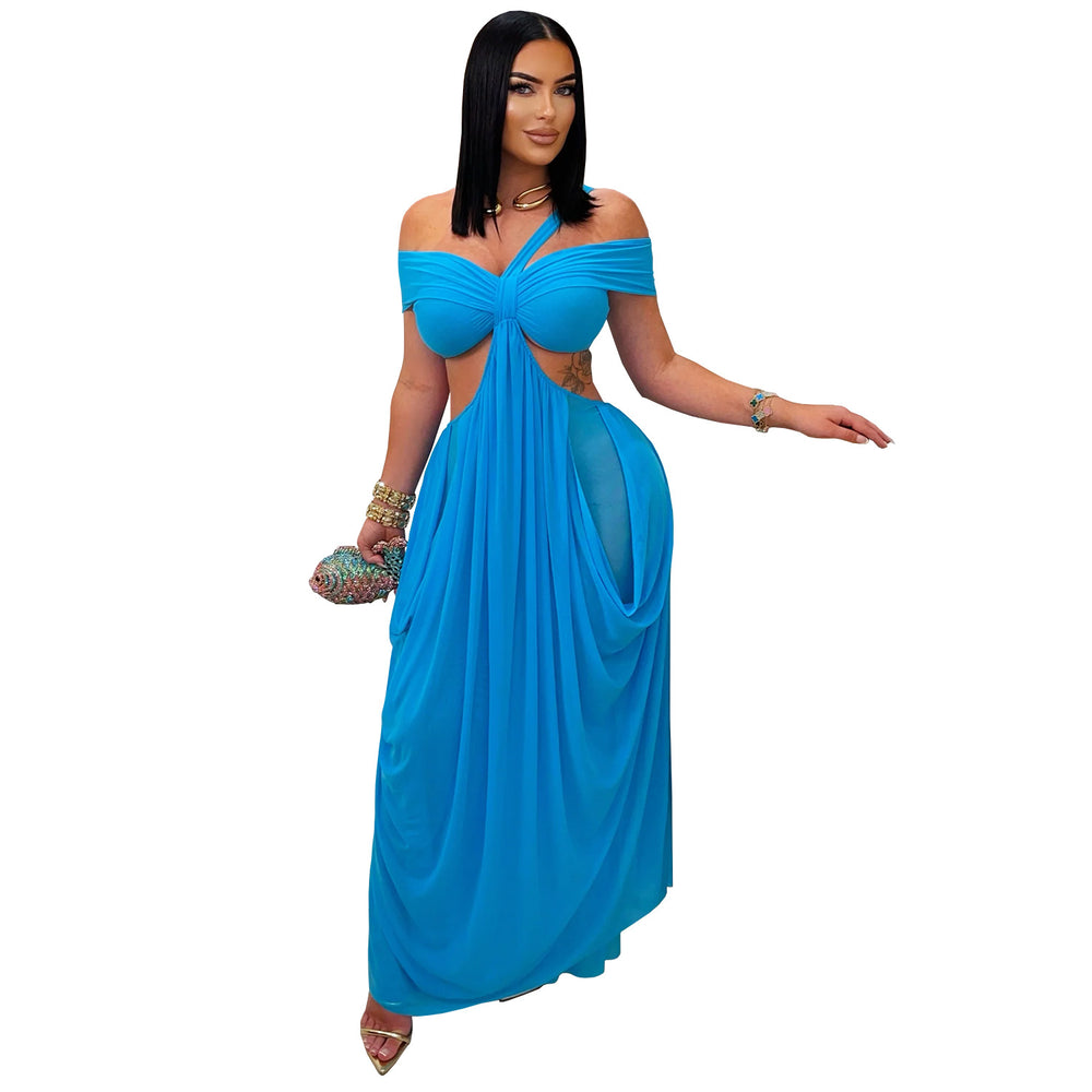 C7430 cross-border   fashion women's sexy bandeau bodycon see-through mesh dress
