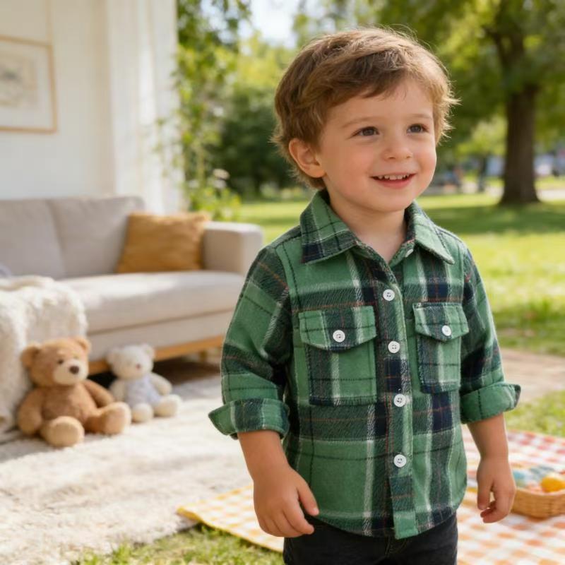 Factory new children's spring collection: export-quality boys' cotton long-sleeve plaid shirt