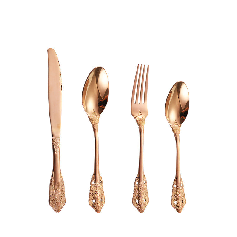 Island Qi stainless steel knife and fork spoon court retro relief steak knife and fork creative western tableware gift box four-piece set