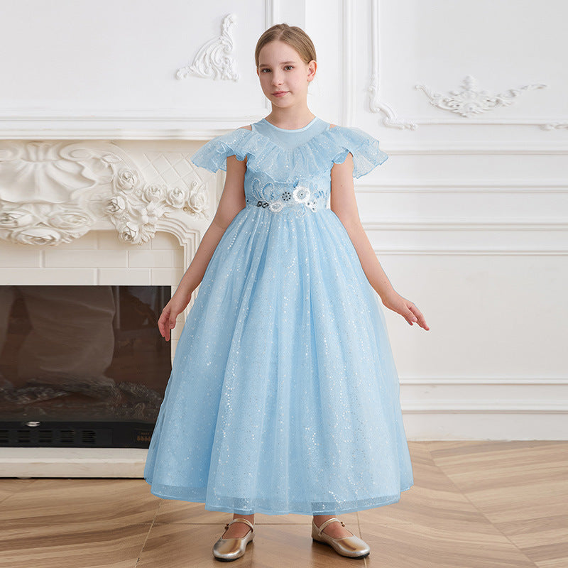 Custom-made tulle dress for girls, european and american style, off-the-shoulder princess dress, elegant long dress for children's birthdays, high-end dress for little girls