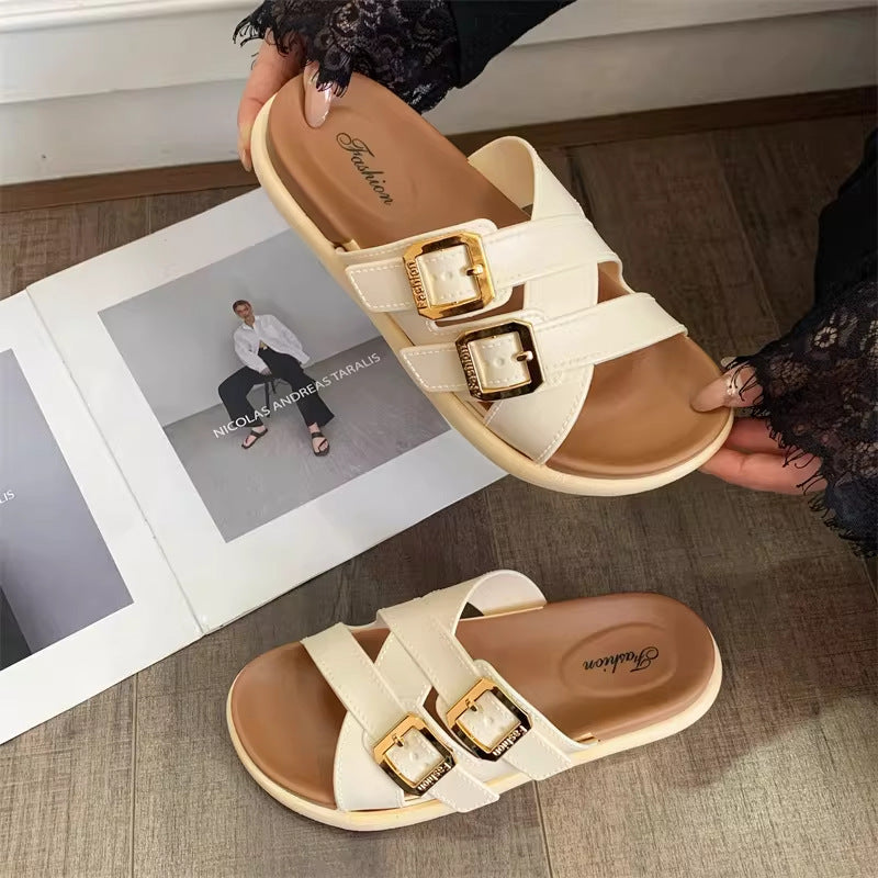 New summer women's platform flip-flops: stylish, versatile, casual beach sandals with double buckle – 2026 collection