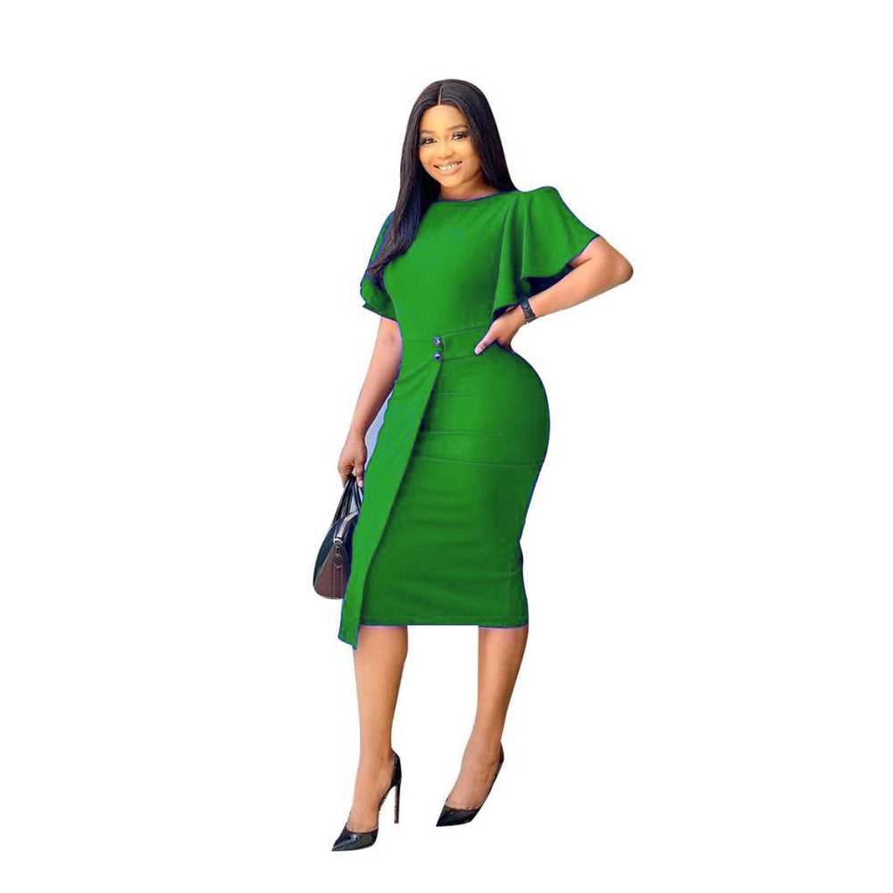 Export women's clothing  summer cross-border plus size bell sleeve round neck slit hip cover professional skirt african dress