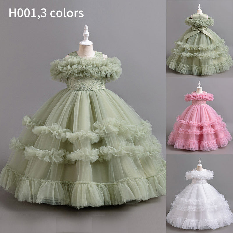 Export cross-border fashion style girl dress long piano performance flower girl wedding dress tutu skirt birthday in stock hot sale