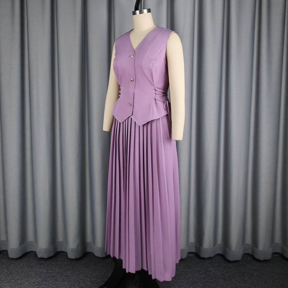 New solid color versatile set: high-waisted pleated slim-fit waist-cinching sleeveless drawstring top and a-line midi skirt two-piece outfit