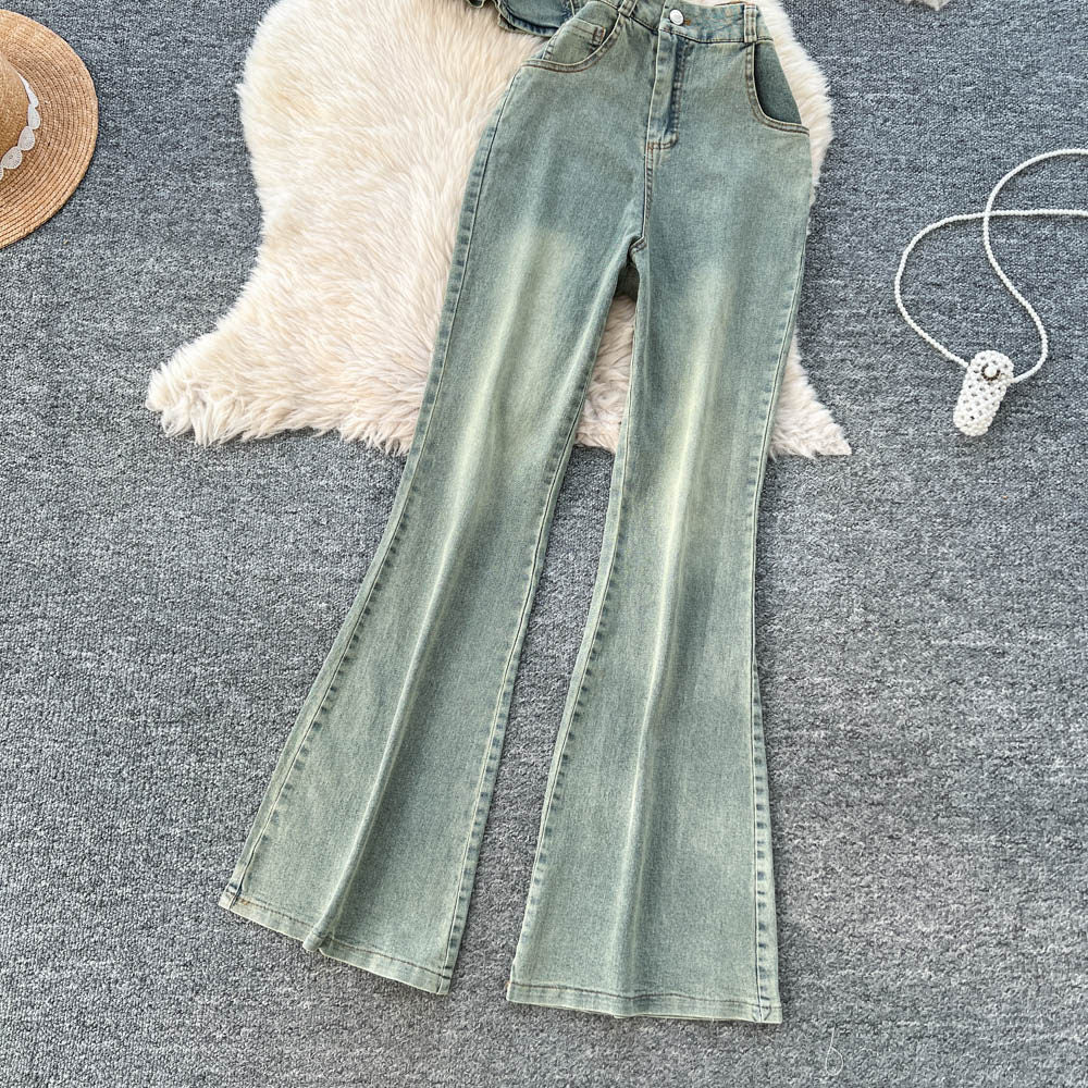 American retro slim-fit denim set: women's bandeau top & high-waisted flare jeans two-piece - summer slimming look