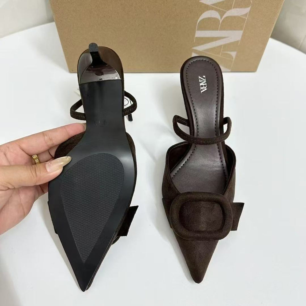 Za women's shoes 2025 new pointed toe high heel sandals women's suede square buckle flats back open outwear toe shoes