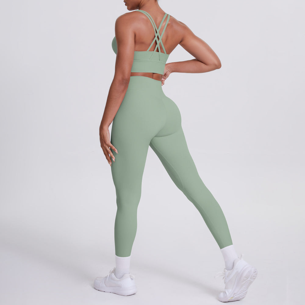 Fashion cross-border nude brushed cross back bra casual sports hip lifting pants fitness yoga clothes two-piece set