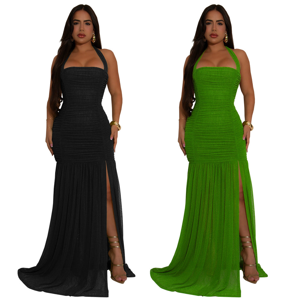 C7398 cross-border   fashion women's summer mesh sexy slit solid color dress