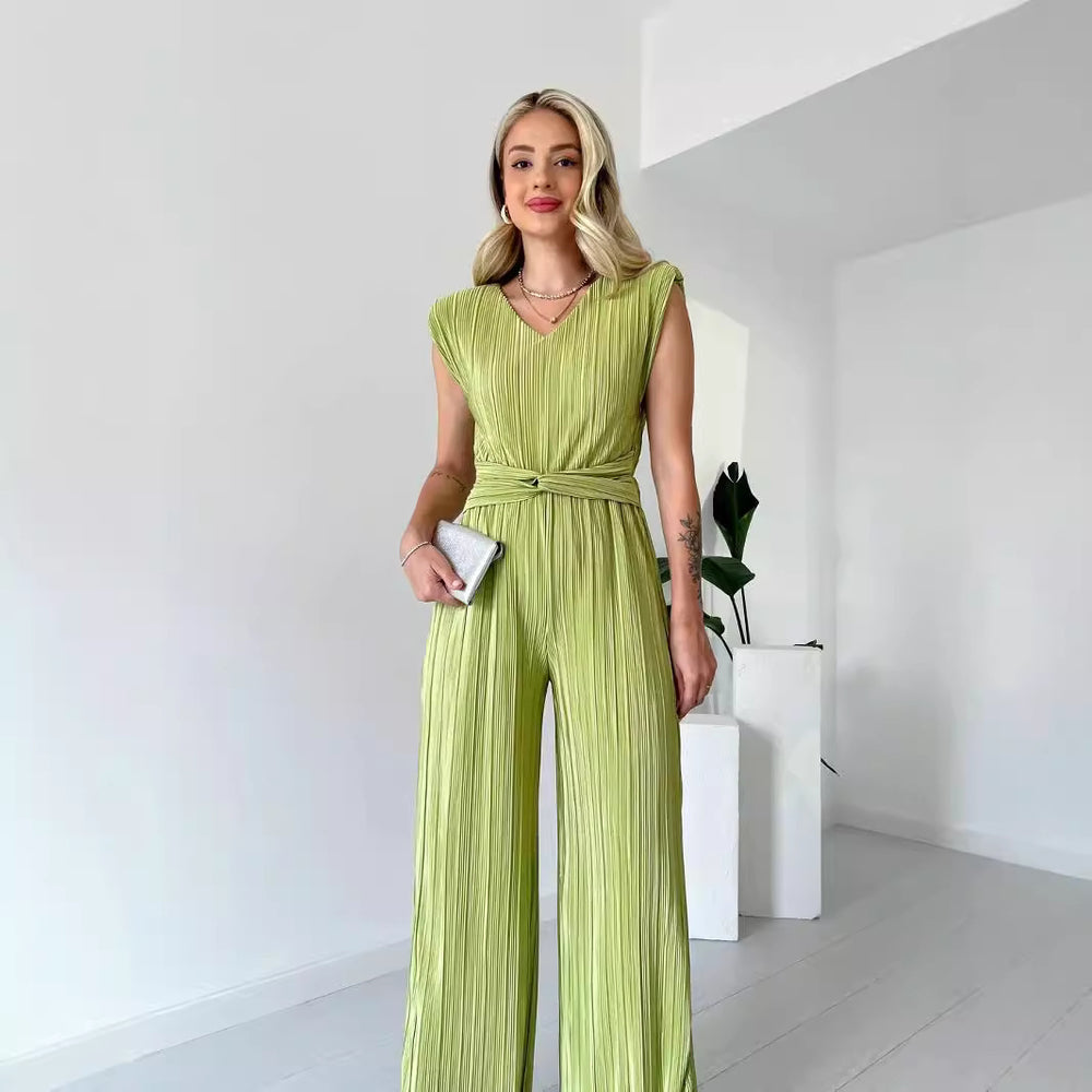 Amazon fashion cross-border women's clothing  autumn new style pure color sleeveless round neck silm pleated straight-leg jumpsuit