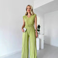 Amazon fashion cross-border women's clothing  autumn new style pure color sleeveless round neck silm pleated straight-leg jumpsuit