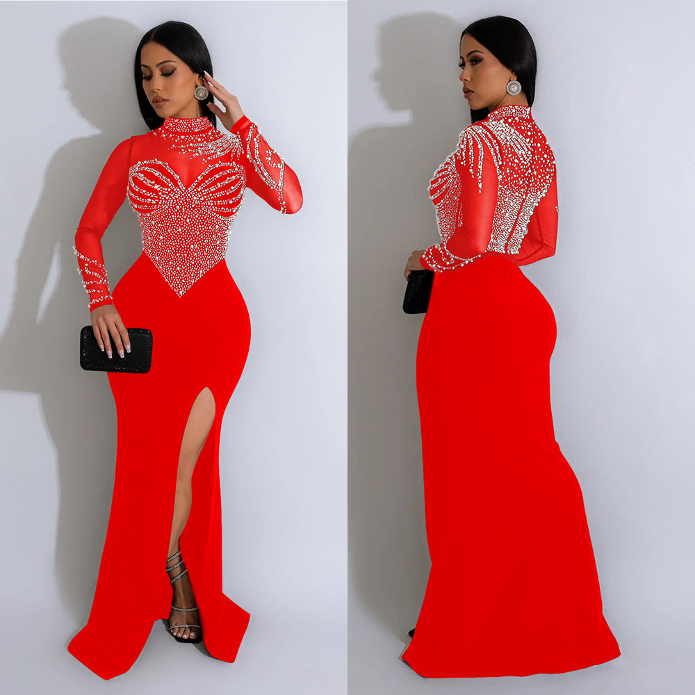 C6825 cross-border   fashion women's solid color mesh rhinestone slit maxi dress