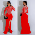 C6825 cross-border   fashion women's solid color mesh rhinestone slit maxi dress