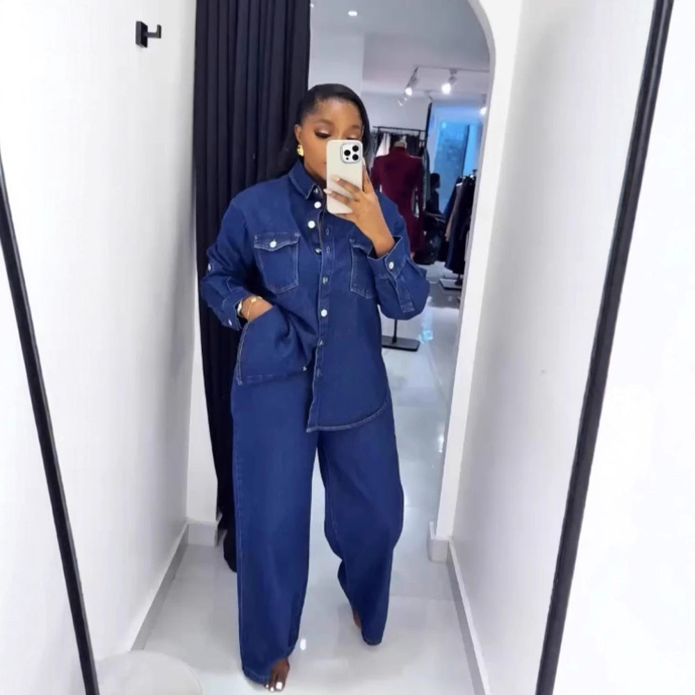 Amazon european and american clothing cross-border new arrival: fashionable retro denim cardigan long-sleeve top and straight-leg pants set