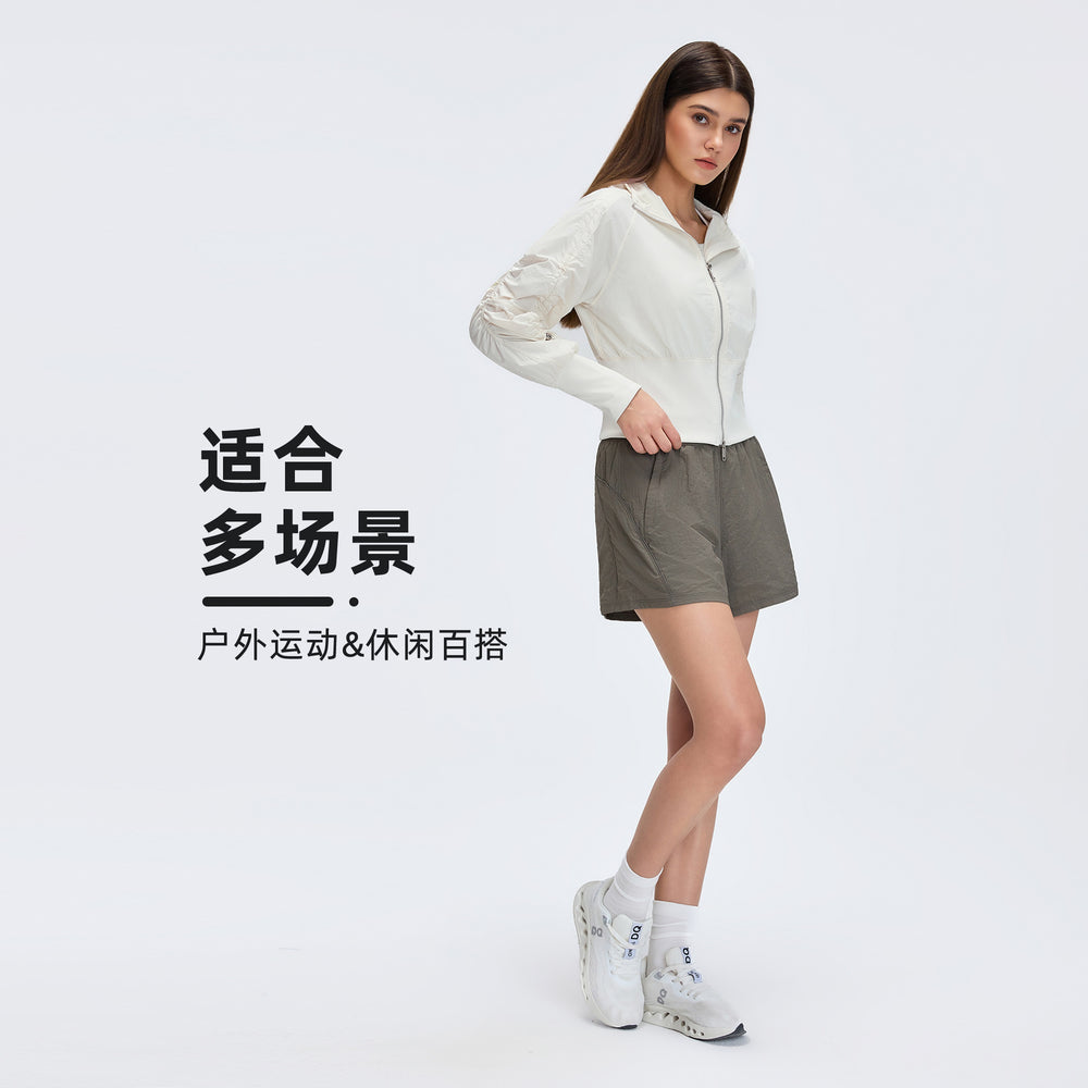 Pleated waist slimming cropped jacket - windproof zip-up outerwear - women's casual hooded cardigan - activewear top d26002