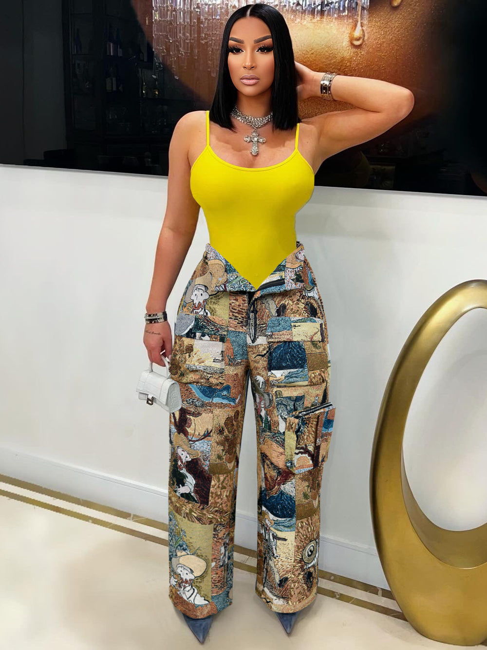 european and american style women's casual trousers - fashionable trendy jacquard retro multi-pocket cargo pants