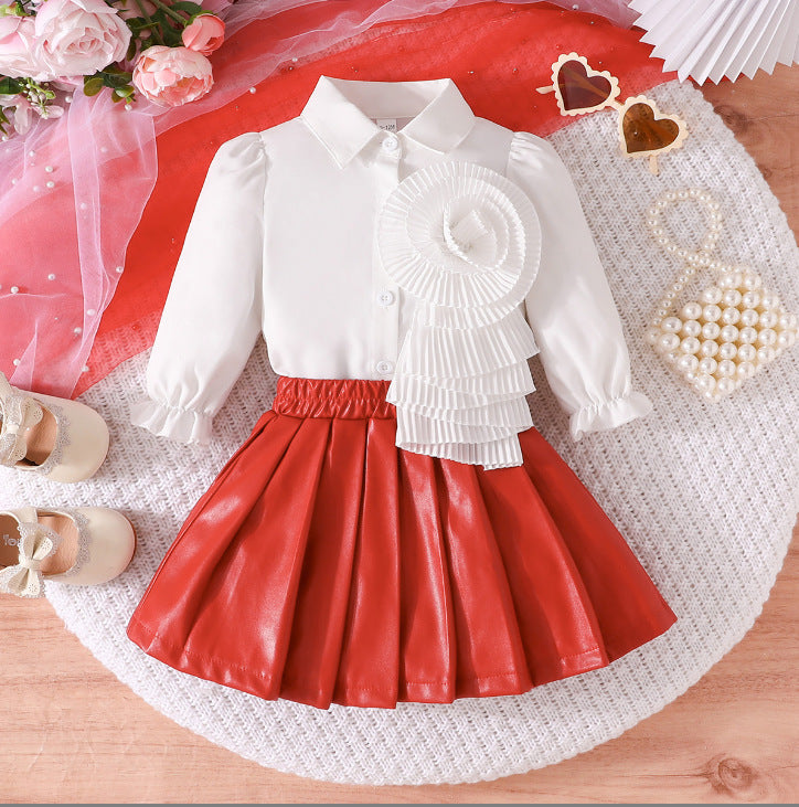 cross-border exclusive: new autumn collection - girls' long-sleeved blouse with floral design + pu leather skirt - hot-selling bestseller