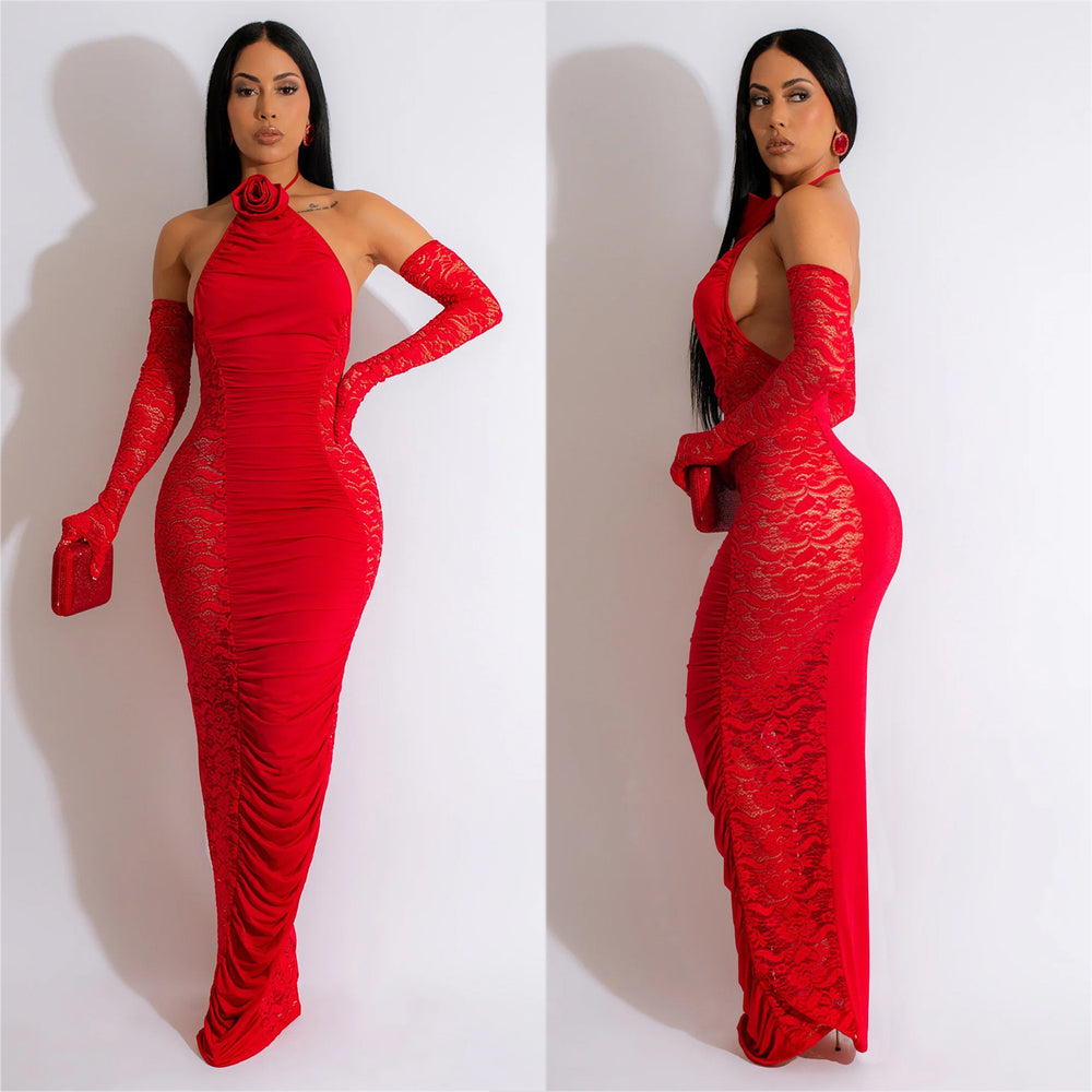 X6379   fashion women's solid color long gloves hollow lace long dress