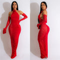 X6379   fashion women's solid color long gloves hollow lace long dress