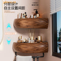 Walnut wood chinese style bathroom corner shelf - no drilling required - hand wash, toilet, and shower gel organizer