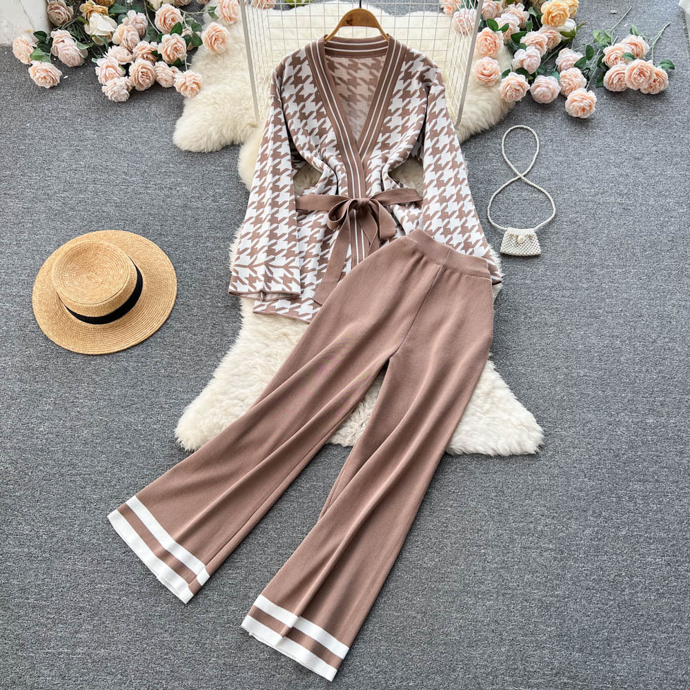 Xiaoxiangfengtwo-piece setautum women's houndstooth gridslong sleevessweatercardiganoutwearhigh waistdrapedcasualpants
