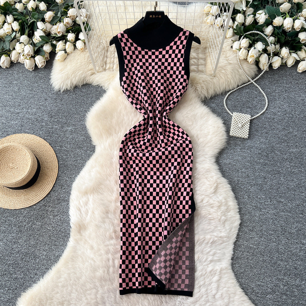 French chic high-end fashion color block knit dress - women's figure-flattering, slit hem, slim-fit tank dress