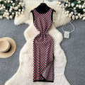 French chic high-end fashion color block knit dress - women's figure-flattering, slit hem, slim-fit tank dress
