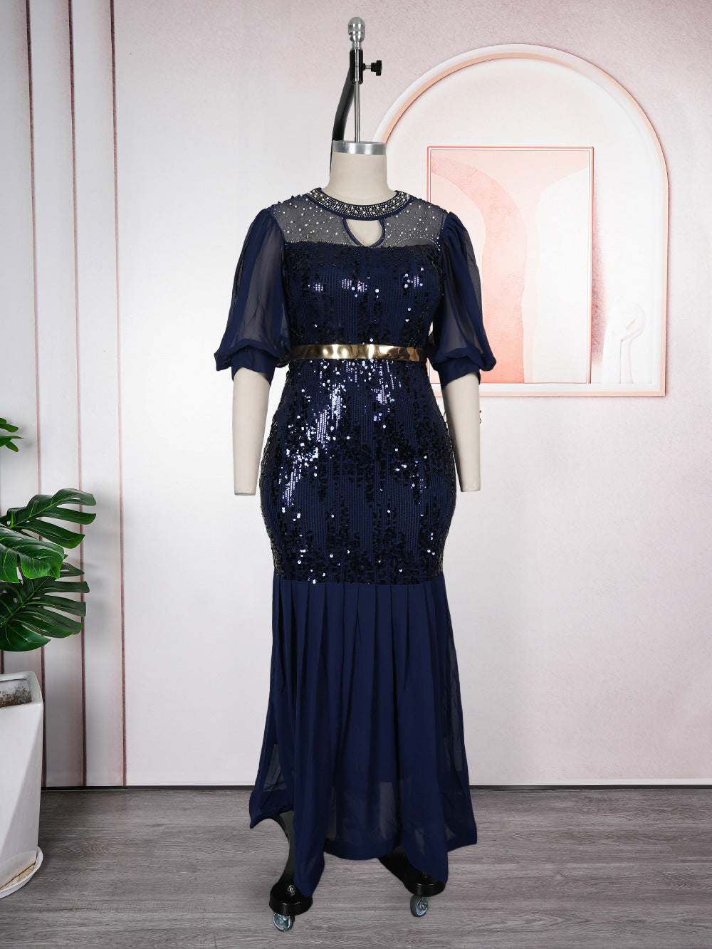 African cross-border supply  new women's plus size round neck rhinestone sequin evening party dress