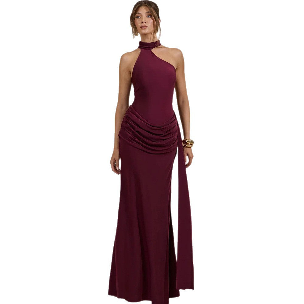 Amazon  autumn new arrival: elegant, socialite-style halter neck sleeveless irregular pleated waist tie-up dress