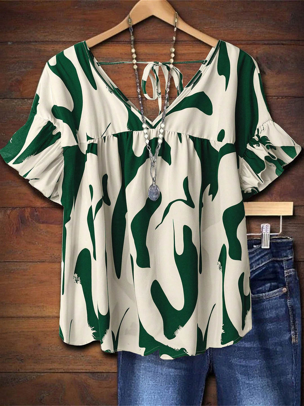 European and american casual women's blouse - abstract graffiti print, v-neck, ruffle sleeves, tie-back, loose fit pullover shirt