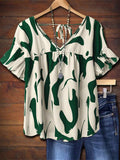 European and american casual women's blouse - abstract graffiti print, v-neck, ruffle sleeves, tie-back, loose fit pullover shirt