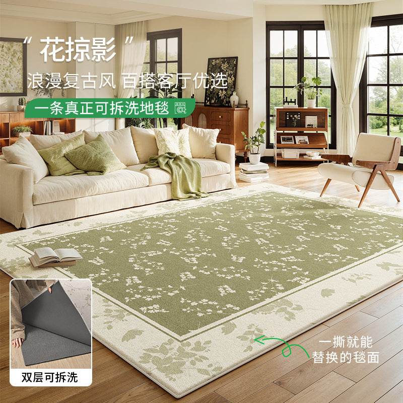 Removable and washable carpet living room new arrival green french cream style machine washable double layer carpet large area full floor mat