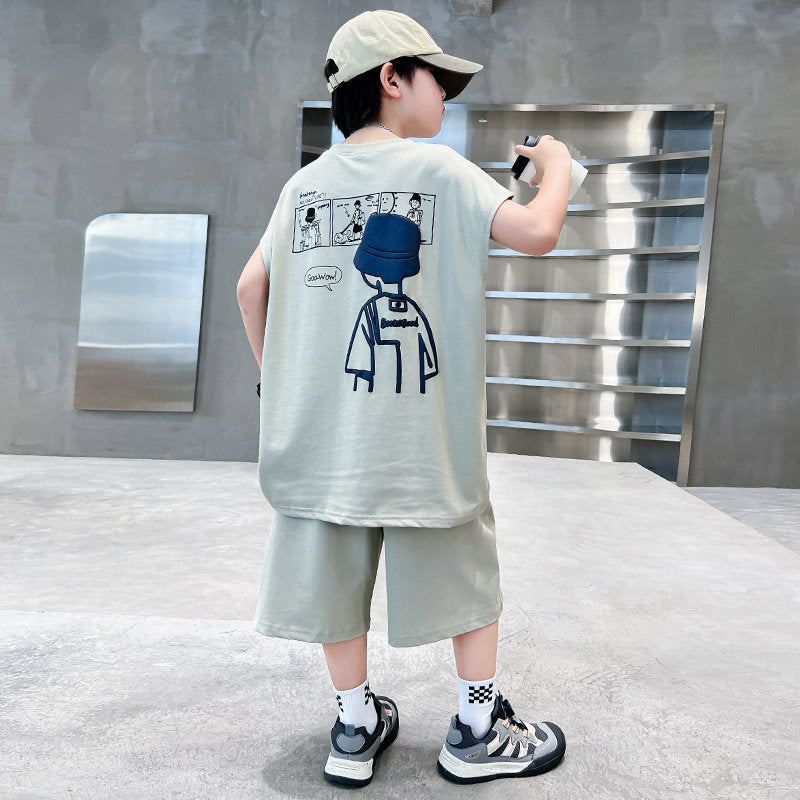 Boys' summer outfit set  new kids' summer tracksuit big kids' tank top stylish boy's lightweight two-piece set