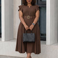 D629 european and american cross-border e-commerce summer new women's ruffle short sleeve solid color high waist midi pleated dress