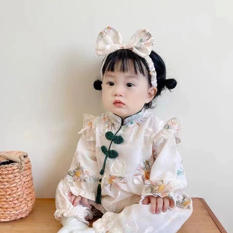 Newborn chinese style romper - spring/autumn crawling suit for baby girls - 100-day celebration double-layer long sleeve stylish outing jumpsuit