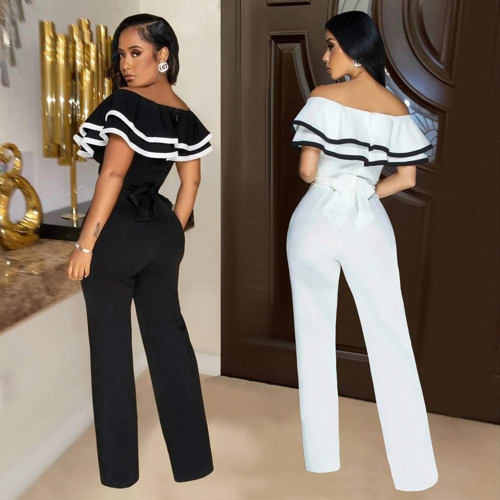 C7052 cross-border   independent station fashion women's sleeveless deep v jumpsuit pure color new style