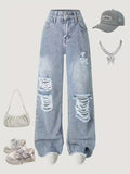 girls' spring/autumn denim pants: new styles for mid-to-large children, loose-fit casual straight-leg trousers, stylish and versatile wide-leg pants for kids