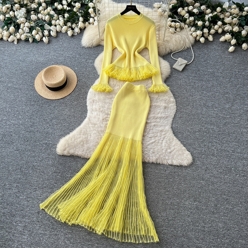 Lightly mature eleganceknittingrufflestops hip skirt two-piece set female autum silmwork clothingelegantsuit