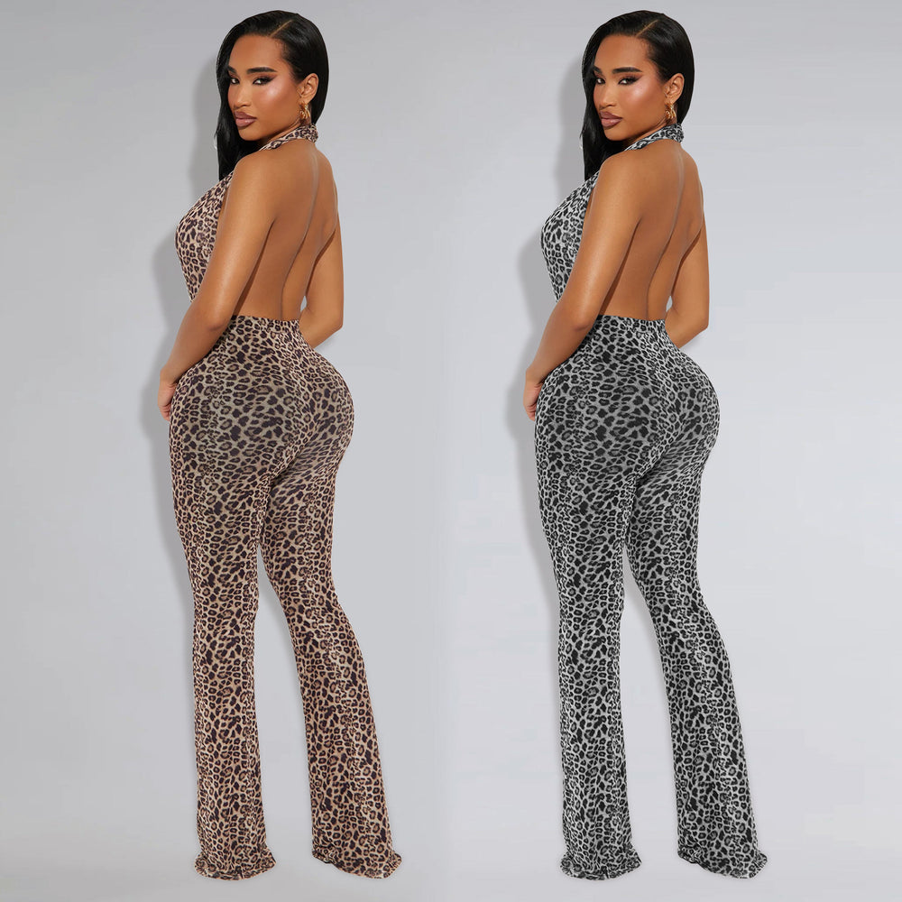 C7495 cross-border   fashion women's sexy leopard print halter neck sleeveless jumpsuit
