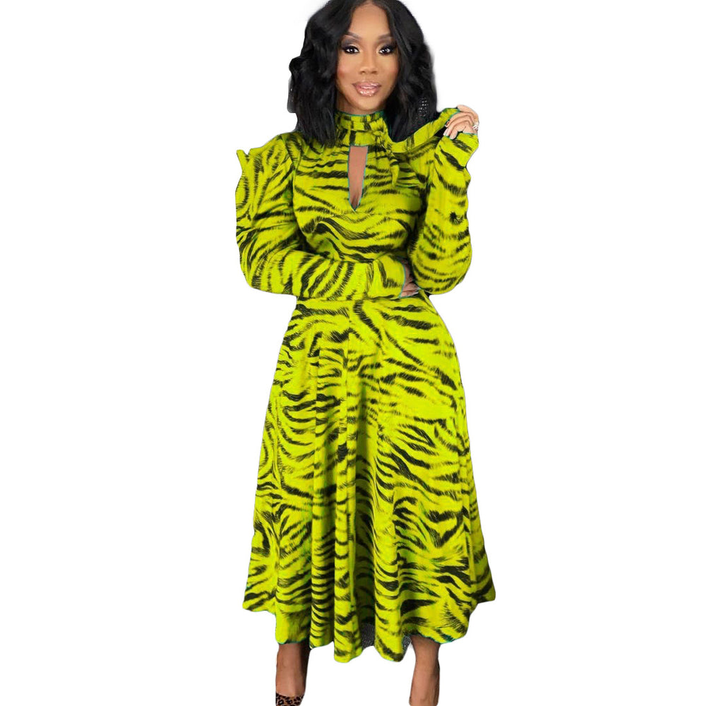 D3065m european and american style women's autumn/winter elegant commute long sleeve high waist flared print plus size african dress (cross-border)