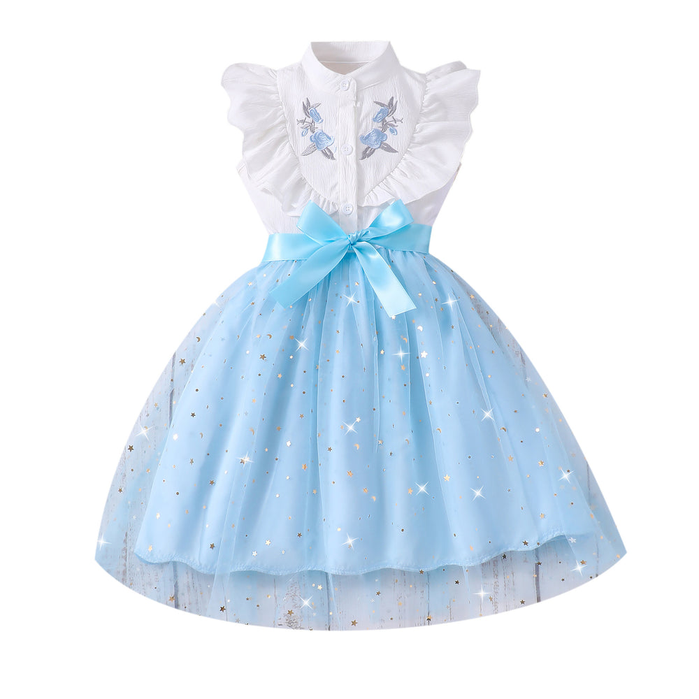 Girls' sleeveless embroidered mesh dress with turn-down collar and woven belt