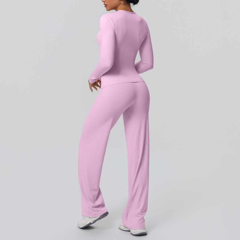 Cloud-feel outdoor casual yoga outfit: long-sleeve t-shirt top & high-waisted wide-leg active wear set for running and fitness
