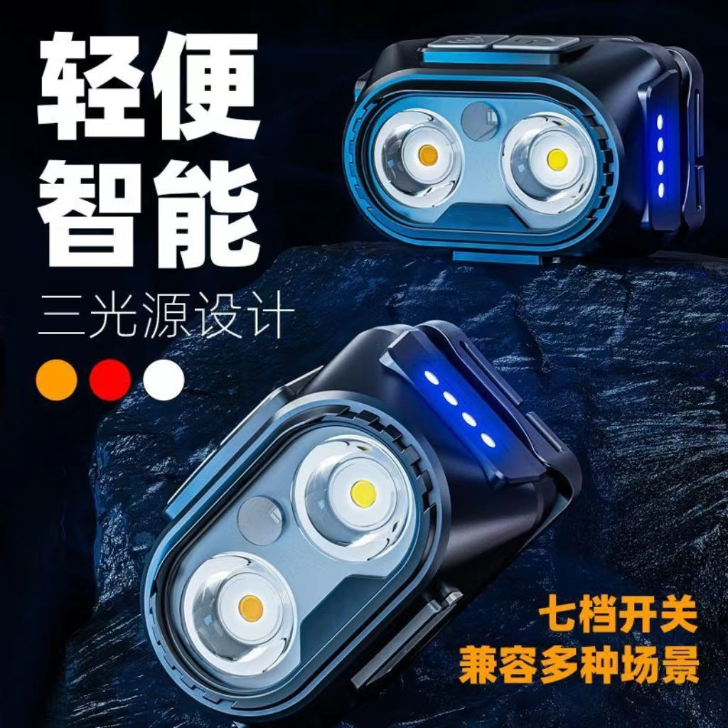 Dual light source led strong light headlight rechargeable long battery life night fishing special head-mounted typec rechargeable flashlight