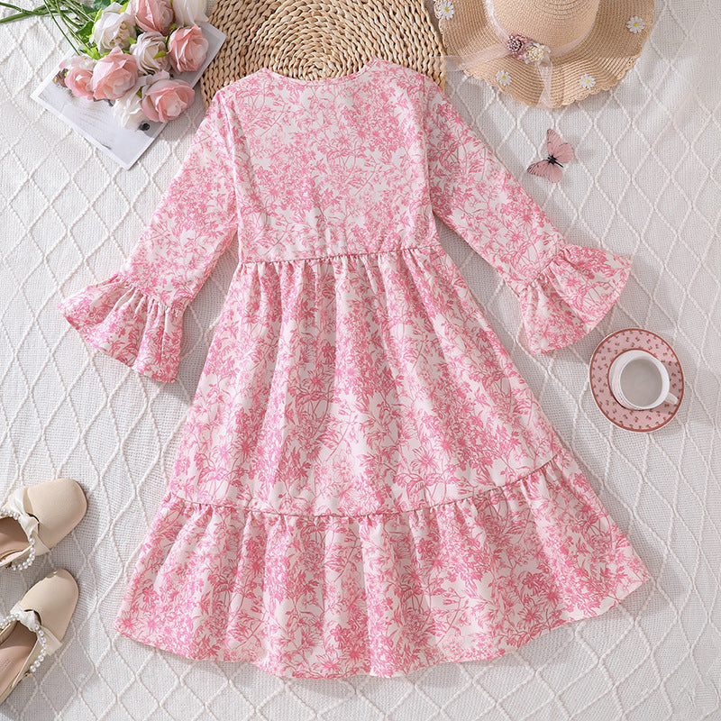 Amazon kids' spring/autumn  new arrivals: elegant floral print v-neck flared sleeve dress for girls (export quality)
